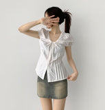 Balloon Soft Fit Ribbon Strap Short Sleeve Blouse