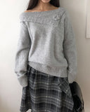 Bohan one-off-shoulder flower pendant wool long-sleeved knit