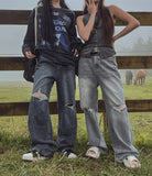 [U-DENIM] Summer ripped jeans wide denim pants