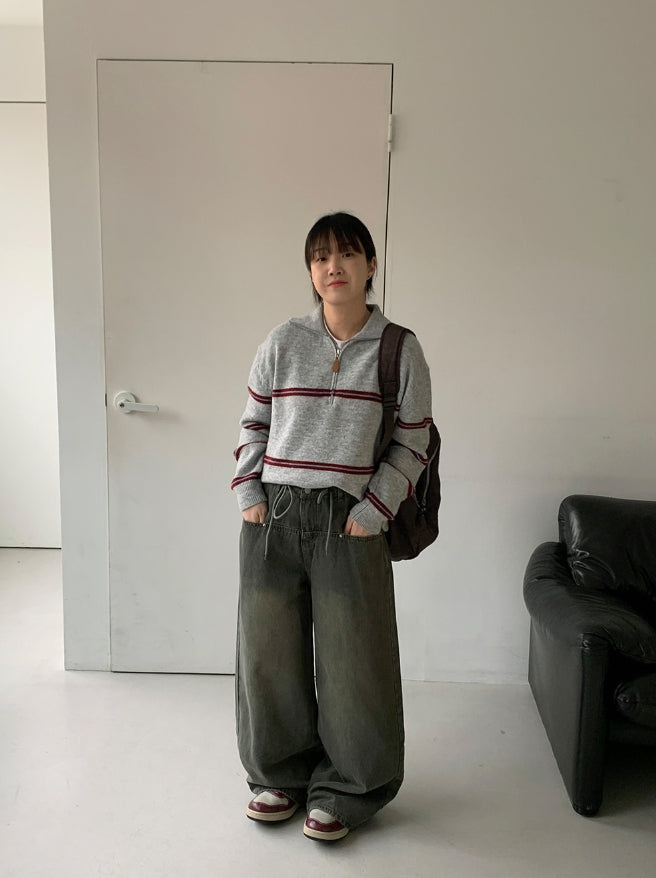 【BAON】Dottio String Washing Wide Pants BAON (バオン) - ドティオストリングウォッシュ加工ワイドパンツ