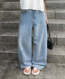 Wet Light Blue Washing Wide Denim Pants