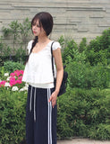 Amu Lace Frill Button Puff Short Sleeve Blouse