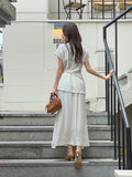 [Two-piece set] Lydia Belt Strap Linen Tee Blouse Banding Flare Skirt