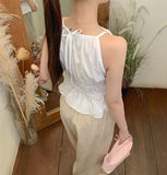 Summer Halterneck Back Ribbon Smocke Banding Sleeveless Blouse