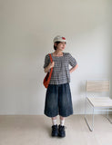 Igets Square Neck Check Short Sleeve Blouse