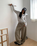 Bifu Embroidery Adjust Balloon Fit Wide Cotton Long Pants
