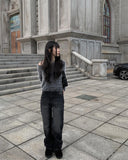 Eti Two Button Black Denim Wide Pants