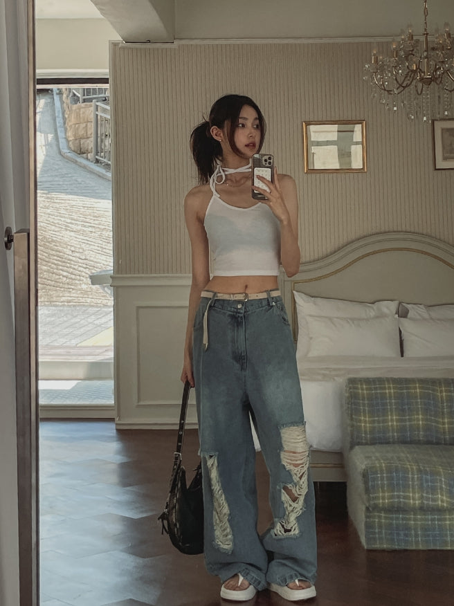 【U LAN】muse wide damage denim pants U LAN (ユーラン) - ミューズワイドダメージデニムパンツ / muse