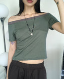 Rutot Stripe Color Matching Off-Shoulder Short-Sleeved T-Shirt