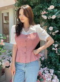 Sweet Seersucker Check Collar Puff Blouse