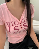 Purit Lettering Button V-Neck Short Sleeve T-Shirt