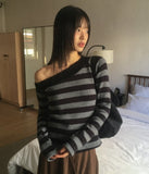 [Brushed Lining] Knockin Stripe One Shoulder Unbalanced Knit T-shirt