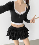 Tiered Flared Mini Underpants Banding Cotton Skirt Pant