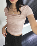 Loran mesh see-through shirring square neck short-sleeved T-shirt