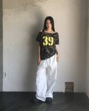 Ray Camo Number Print Off Shoulder Shirring Short Sleeve T-Shirt