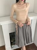 Pania Balletcore Shirring Pleated Strap Square Neck Crop Long Sleeve T-shirt
