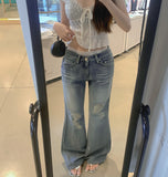 Catbrush Washing Ripped Jeans Semi-Bootcut Denim Pants