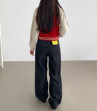 Raw autumn non-fade banding casual wide denim pants