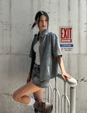 Country pin check semi-crop short sleeve shirt