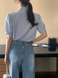 Two Pin Stripe Puff Short Sleeve Shirt Blouse