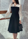 Chenibel V-neck Color Matching Pin-Tuck Flare One Piece