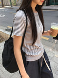 Denida Stripe Button Short Sleeve Tee
