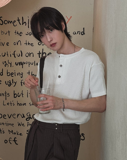 【2plan】Becue Chrome Henry Neck Short Sleeve T-Shirt 2plan (ツープラン) - ベキュクロムヘンリーネック半袖Tシャツ