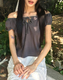 Aceh Dot Shirring Ribbon Cap Sleeve Short Sleeve T-Shirt
