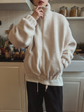 Balloon fit ribbed fleece zip-up