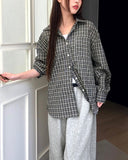 Timin check collar pocket loose fit long sleeve shirt