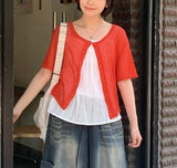 Pyuo Color Round Net Knit Short Sleeve Cardigan