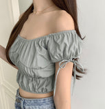 Lovely Hip Shoulder Ribbon Banding Off-shoulder Short Sleeve Blouse