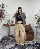 Tie pin tuck cotton balloon pants