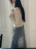 [Scarf set]  Kenin Shirring Pleated Off-Shoulder Crop Long Sleeve T-shirt