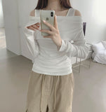 Drape Off-Shoulder Knit Layered Fake Layered T-shirt