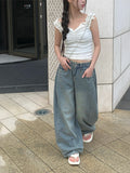 [A/M] Ruched Side Pintuck Washing Wide Denim Pants