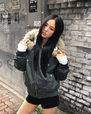 Kait Snap Button Stitch Over Fit Fur Bomber Jacket