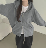 Loose Fit Two-Way Soft Embroidered Hood Zip-Up