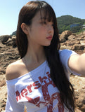 Nero Off-Neck Lettering Number Short Sleeve T-Shirt