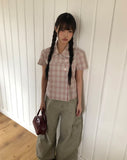 [MADE] Yuwa Round Collar Check Short Sleeve Blouse
