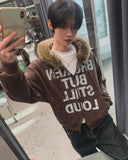 Loud Corduroy Studded Fur Hooded Zip-Up