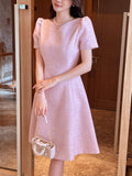 Rosea Heart Neck Puff Tweed Flare One Piece