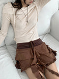 Twill Ribbon Strap Off-Shoulder Slit Cropped Long Sleeve T-Shirt