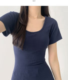Deep U-neck Square Neck Slim Fit Short Sleeve T-Shirt