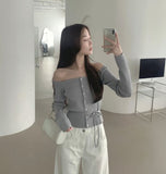 Off-shoulder Ribbed Knit Strap Set Cardigan