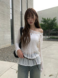 PT Diagonal Net One Shoulder Lip Neck Mesh Long Knit
