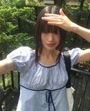 Nui Dot Strap Color Matching Short Sleeve Blouse