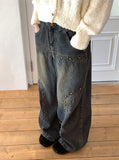 Fector Western Stud Embroidery Washing Long Wide Denim Pants