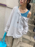 Dre Stripe Summer Button Off-Shoulder Long Sleeve Tee