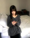 [Belt + Knit SET] Liha Open Collar Waistband Two-Way V-Neck Long Knit